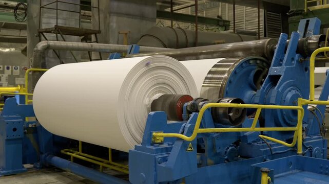 Forming paper roll with rotating drum and rollers on factory production. Coiling tissue product by mill machine at papermaking plant