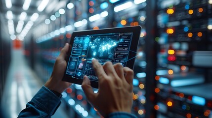 Person using a tablet with a digital interface, managing data in a server room with colorful LED lights.