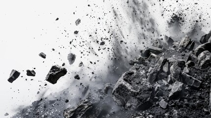 Photo of rocks, white background, falling, black, falling, space, split, splash, dust, mountain, cliff, flying, earth, rock, stone, texture, stone, abstract, 