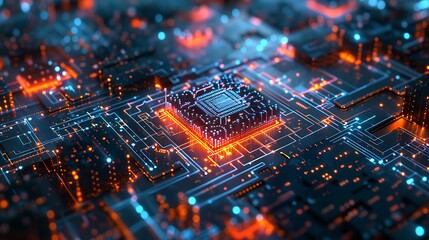 Glowing processor on a circuit board. The processor is surrounded by complex circuitry and wires.