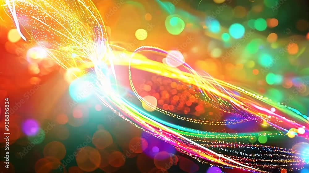 Poster abstract representation of communication signals with bright colors and lights.