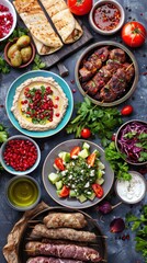 A vibrant assortment of Mediterranean dishes, showcasing rich flavors and fresh ingredients arranged beautifully for a feast