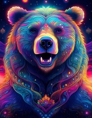 Psychadelic theme Bear. Spirit Animal totem guide illustration