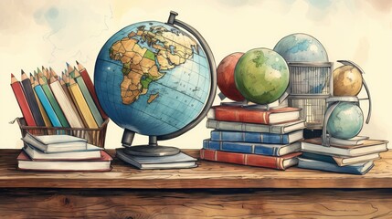 Hand-drawn education set with books, pencils, and globes