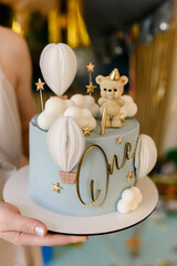 Cute First Birthday Cake with Bear and Balloons and candle