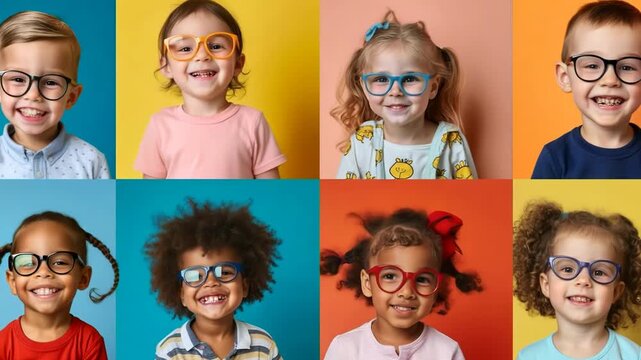 Diverse children wearing glasses, colorful portraits for pediatric vision care