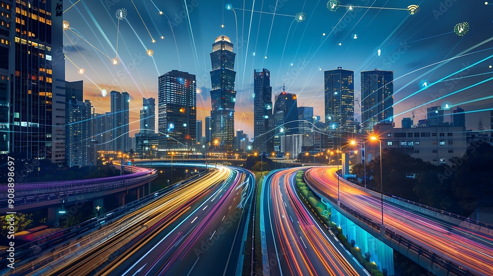 Poster cityscape with illuminated skyscrapers and a busy highway overlaid with lines representing network c