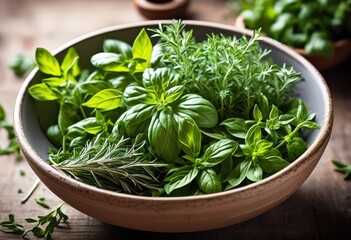 rustic ceramic bowl filled fresh aromatic herbs showcasing variety greenery textures natural culinary inspiration, display, flavor, basil, thyme, parsley