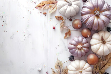 elegant soft colored pumpkins and leaves on white ground, space for text, fall background, invitation, template