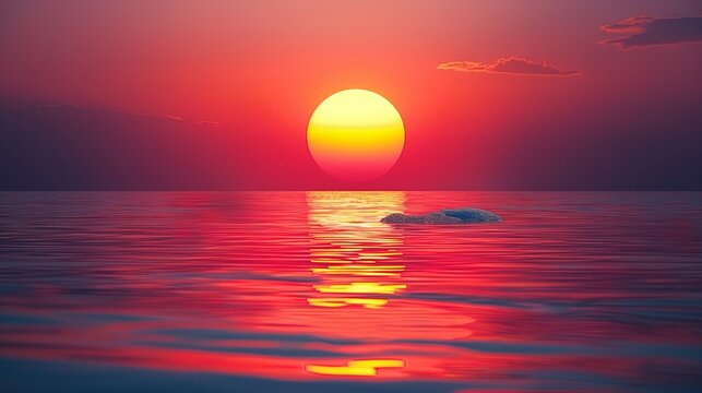 Majestic sunset over a calm ocean with vibrant red, orange, and yellow hues reflecting on the water.