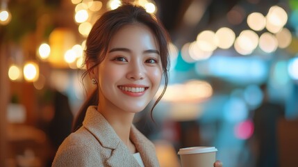 Smiling woman holding coffee in illuminated cafe