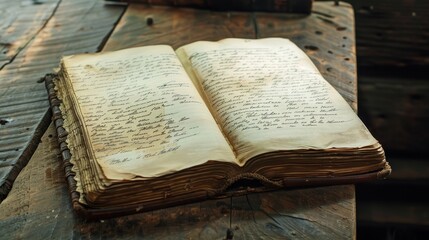 Obraz premium Close-up of Open Book with Handwritten Notes on Rustic Wooden Table