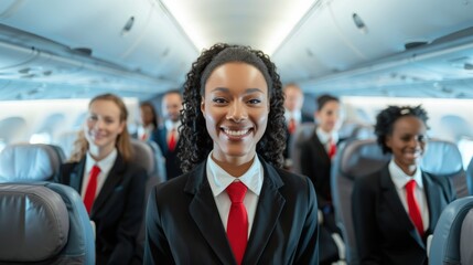 A photo of a diverse group of flight attendants posing and smiling in the aisle of an airplane, with passengers sitting behind them.