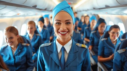 A photo of a diverse group of flight attendants posing and smiling in the aisle of an airplane, with passengers sitting behind them.