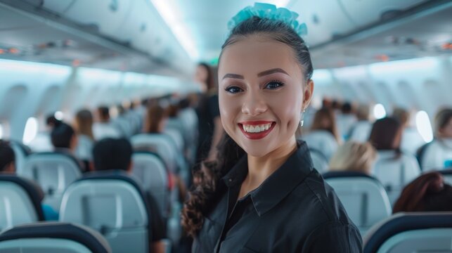A photo of a diverse group of flight attendants posing and smiling in the aisle of an airplane, with passengers sitting behind them.