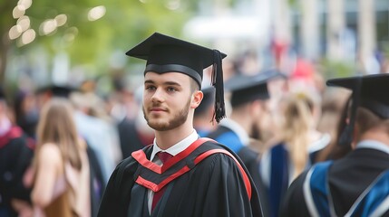 Graduate wearing a cap and gown smiling at the camera in a celebratory event.