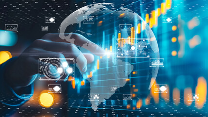 Hand interacting with futuristic UI, digital transformation, advanced data analysis