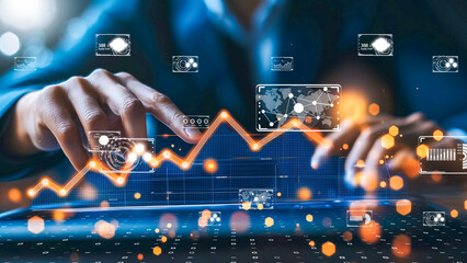 Hand interacting with futuristic UI, digital transformation, advanced data analysis