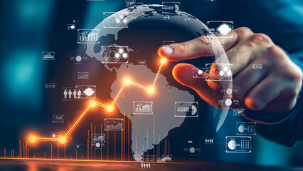 Hand interacting with futuristic UI, digital transformation, advanced data analysis