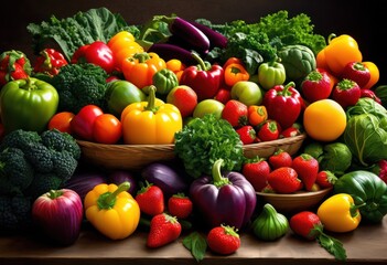creative arrangement vibrant fruits vegetables colorful patterns showcasing natural beauty freshness, colors, organic, produce, healthy, nature, display