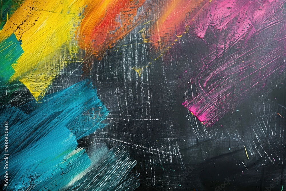 Aufkleber a dark green chalkboard displays vibrant brushstrokes in various colors, showcasing artistic express