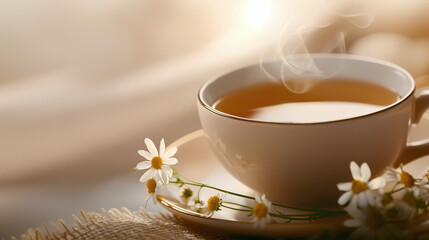 close-up of a luxurious beige porcelain cup filled with golden chamomile tea, with a few chamomile flowers