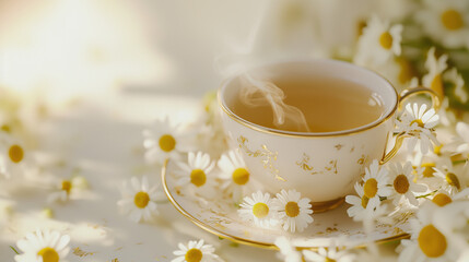 close-up of a luxurious beige porcelain cup filled with golden chamomile tea, with a few chamomile flowers