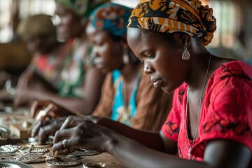 Talented craftswomen in tanzania create intricate jewelry in a vibrant workshop, showcasing african heritage with handmade pieces - Powered by Adobe