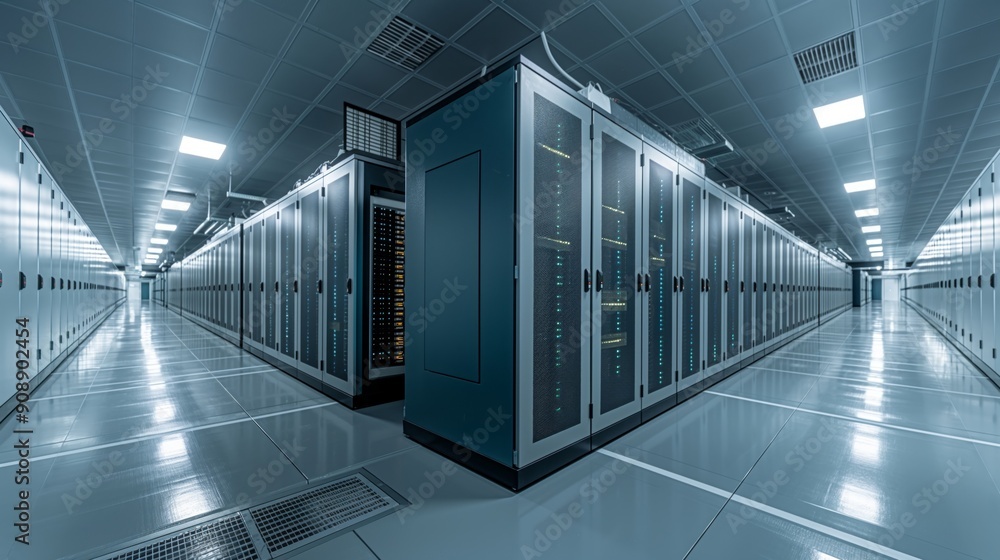 Aufkleber a spacious, modern data center filled with rows of server racks under bright ceiling lights.