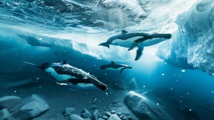 Fototapeta premium Photo of a whale swimming in the water in a beautiful iceberg.
