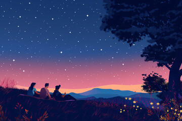 Obraz premium Three friends are relaxing on a blanket in the mountains, enjoying the beautiful view of a starry sky after sunset