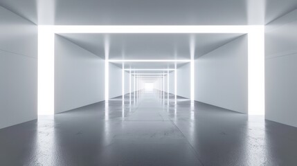 Photo of 3d room with white background, abstract lights, space, technology, tunnel, stage, floor, empty white futuristic 3d neon background, studio, futuristic corridor, render.