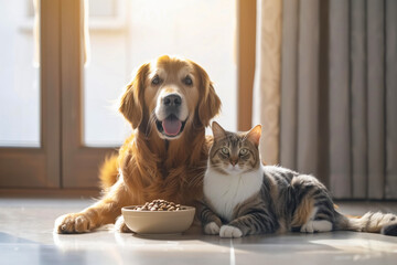Fototapeta na wymiar Happy dog and cat enjoying time together near food bowl in home interior