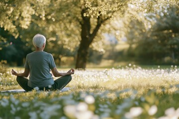 Elderly woman meditating alone in a park during autumn, symbolizing mindfulness and peaceful aging, perfect for themes related to wellness and solitude, copy space

