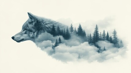 Wolf and Forest Double Exposure with Clouds