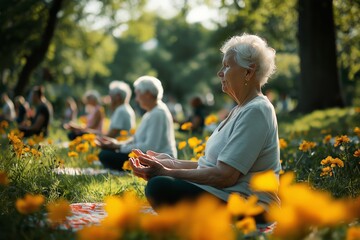 Group of seniors practicing yoga in a park with yellow flowers, emphasizing community wellness and active aging, ideal for themes related to health and social activities