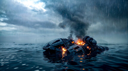 Pile of junk floating on top of body of water under cloudy sky.