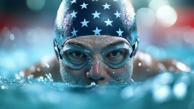 Focused Swimmer Wearing American Flag Cap