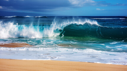 Ocean's Fury: A powerful wave crashes onto the golden sands, its turquoise depths and white crest a breathtaking spectacle of nature's raw power. 