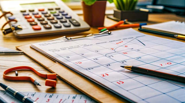 Desk with calculator, pencils and calculator.
