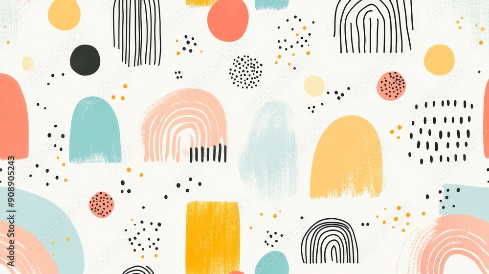 Poster abstract watercolor pattern with rainbow arcs and geometric shapes
