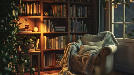 Naklejka premium Cozy Reading Nook Retreat with Bookshelf, Comfy Chair, and Soft Blanket for Relaxation and Inspiration