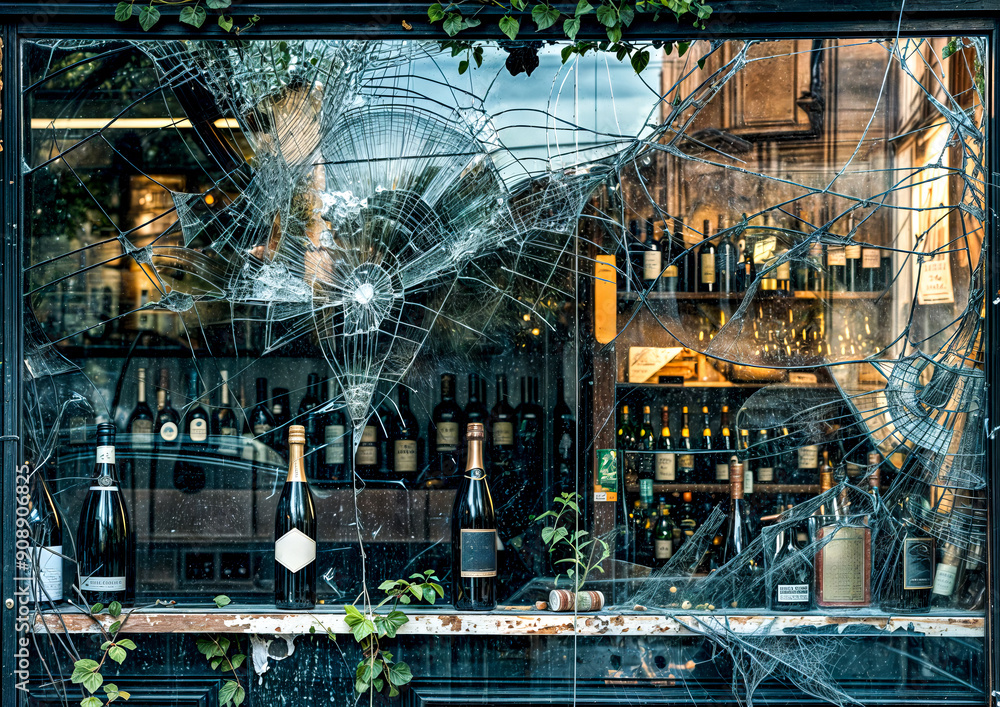 Poster broken glass window with bottles of wine in the window and tree in the window.