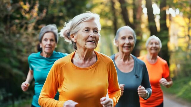 Group of senior women running outdoors in a forest, embracing active and healthy lifestyles