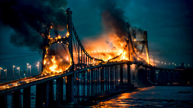 Large bridge that has bunch of lights on it and lot of smoke coming out of it.