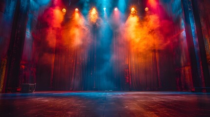 Theater stage background with spotlights shining on an empty stage, featuring vibrant backdrop decorations for an entertainment show