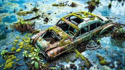 Poster de jardin  Old rusted car in swampy area with moss growing on it.  © Констянтин Батыльчук