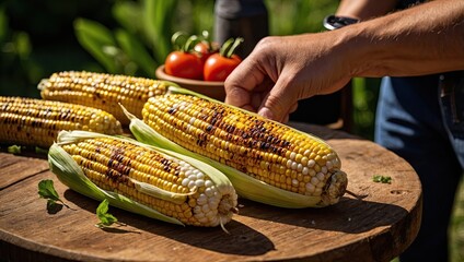 A photo of grilled corn being served on a rustic wooden table during a summer barbecue