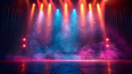 Empty theater stage with spotlights illuminating the stage and bright, colorful backdrop decorations, perfect for entertainment show themes