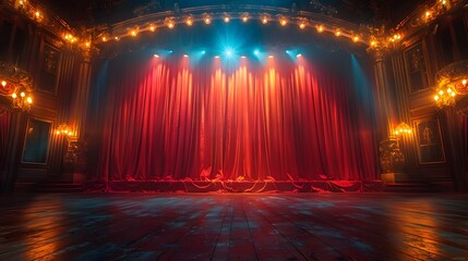 Theater stage background with spotlights shining on an empty stage, featuring vibrant backdrop decorations for an entertainment show